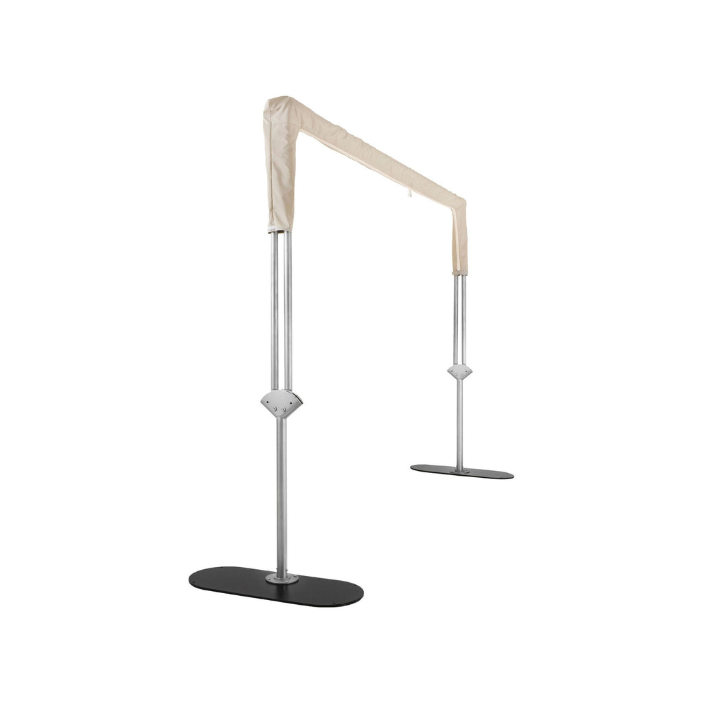 A silver metal frame support stand with a beige fabric sleeve wrapped around the top section and a black oval base, shown on a plain white background.