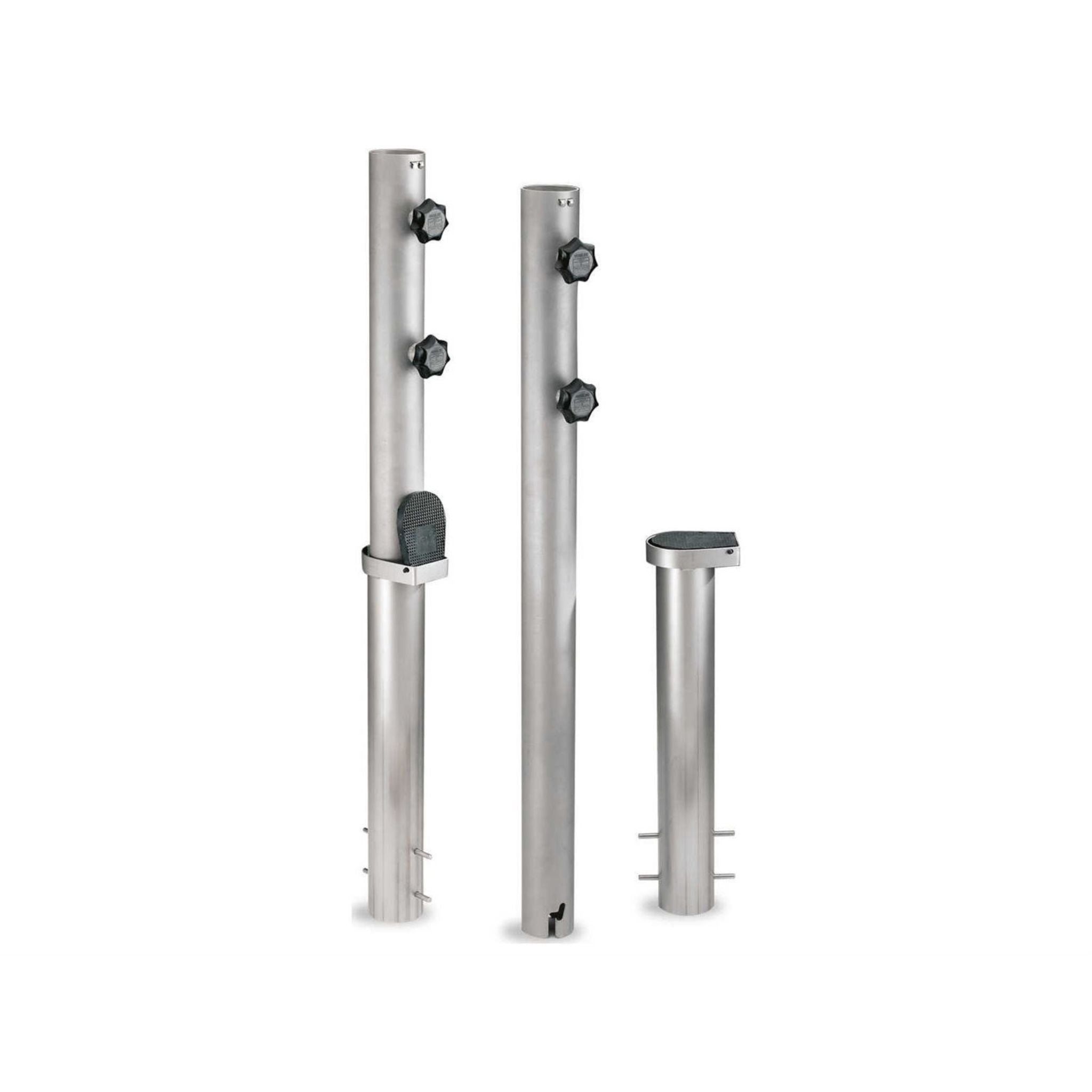 Three stainless steel outdoor post covers or fence posts with black adjustment knobs, shown on a plain white background.