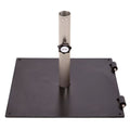 A metal patio umbrella stand with a square black base, a vertical silver pole, and a black dial lock on the pole, shown on a white background.