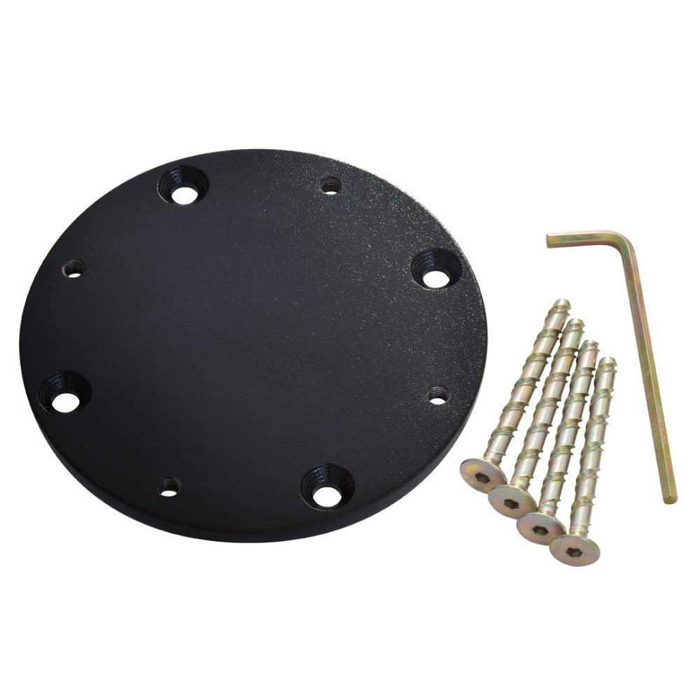 A round black metal mounting plate with pre-drilled holes, shown with four threaded metal screws and a small hex key on a plain white background.