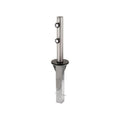 A stainless steel outdoor post with a circular mounting plate, a vertical tube section, and two black adjustment knobs, isolated on a white background.
