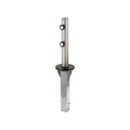 A stainless steel outdoor post with a circular mounting plate, a vertical tube section, and two black adjustment knobs, isolated on a white background.