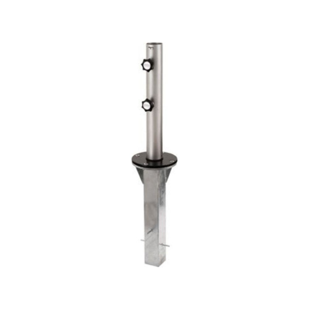 A stainless steel outdoor post with a circular mounting plate, a vertical tube section, and two black adjustment knobs, isolated on a white background.