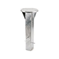 Galvanized steel post cap and post hardware, featuring a circular top cap with pre-drilled holes, a tapered section, and a square base with two protruding mounting bolts, shown on a white background.