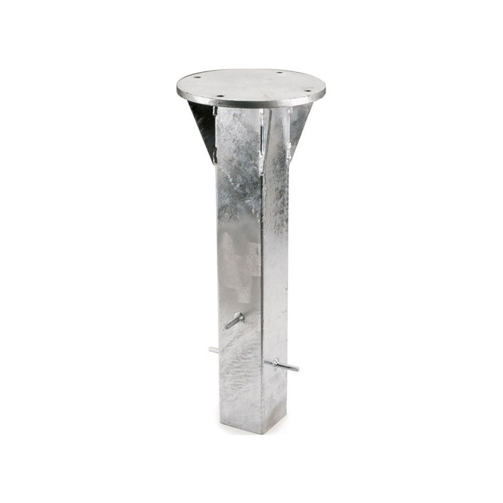 Galvanized steel post cap and post hardware, featuring a circular top cap with pre-drilled holes, a tapered section, and a square base with two protruding mounting bolts, shown on a white background.